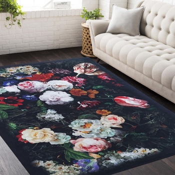 Dywan antypoślizgowy Heos New 119 -  czarny w kwiaty- bez frędzli